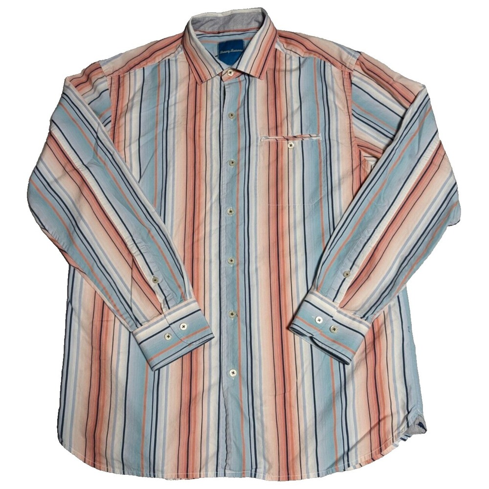 TOMMY BAHAMA Men‎ Medium Silk Blend Blue Orange Striped Button-Up Shirt